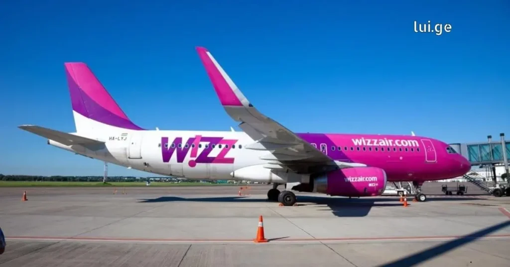 როგორ ვიმოგზაუროთ ქუთაისიდან - Wizz Air 2 A side profile view of a Wizz Air Airbus A320 aircraft with its white, purple, and magenta livery, parked on the airport tarmac under a clear blue sky. lui.ge