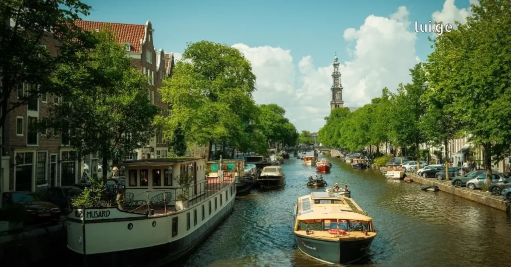 Tourist boats and houseboats on an Amsterdam canal lined with green trees and historic buildings under a blue sky.